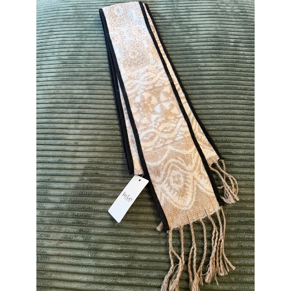 Jayley Cashmere Blend Shawl‎ Black Border Cream Tan Paisley Print Tassels
